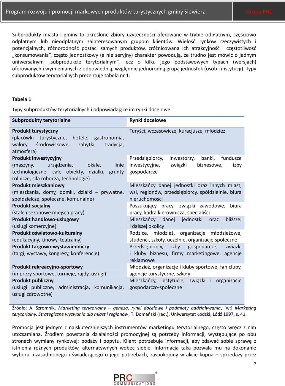 że trudno jest mówid o jednym uniwersalnym subprodukcie terytorialnym, lecz o kilku jego podstawowych typach (wersjach) oferowanych i wymienianych z odpowiednią, względnie jednorodną grupą jednostek