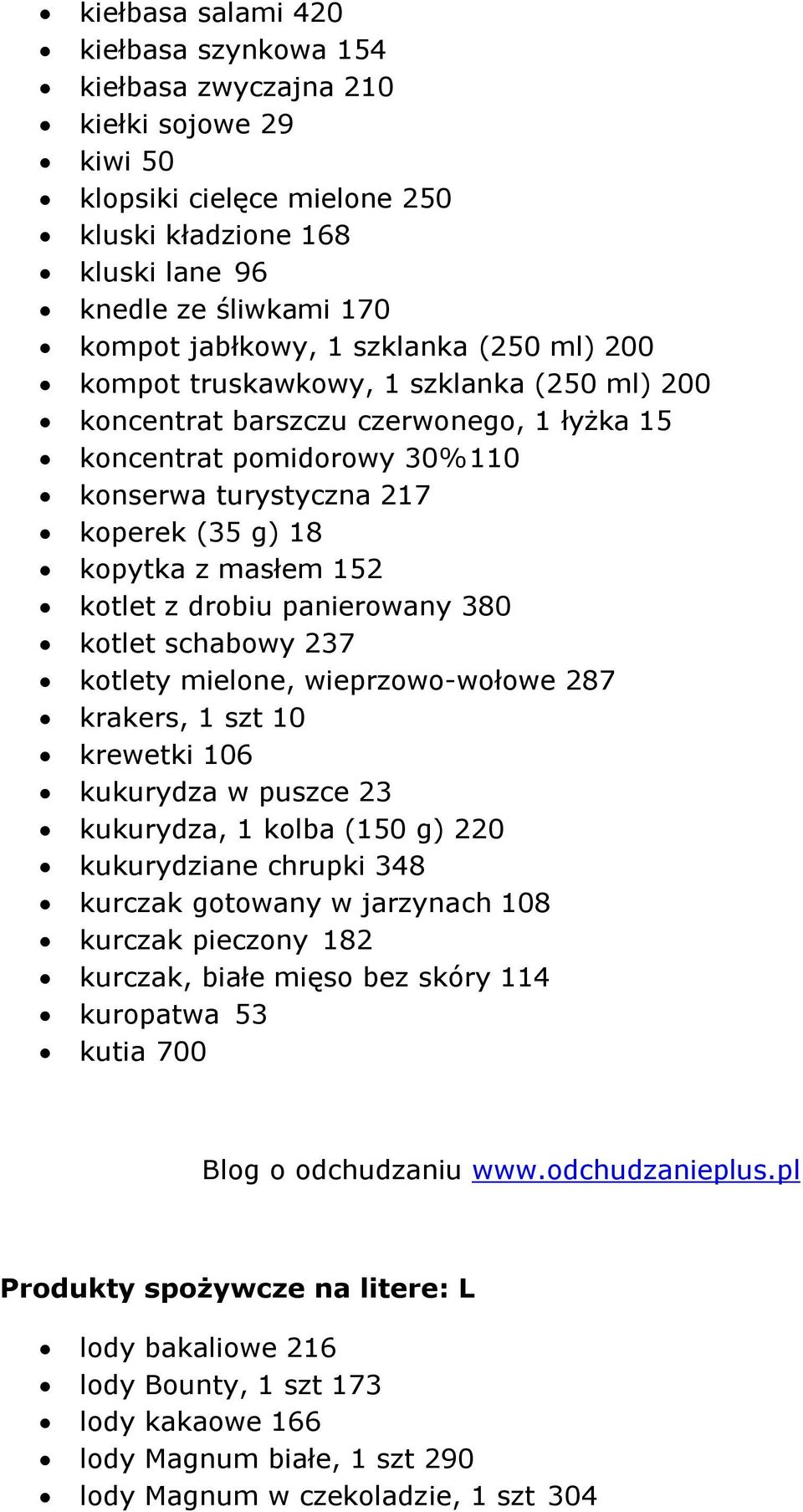 152 kotlet z drobiu panierowany 380 kotlet schabowy 237 kotlety mielone, wieprzowo-wołowe 287 krakers, 1 szt 10 krewetki 106 kukurydza w puszce 23 kukurydza, 1 kolba (150 g) 220 kukurydziane chrupki