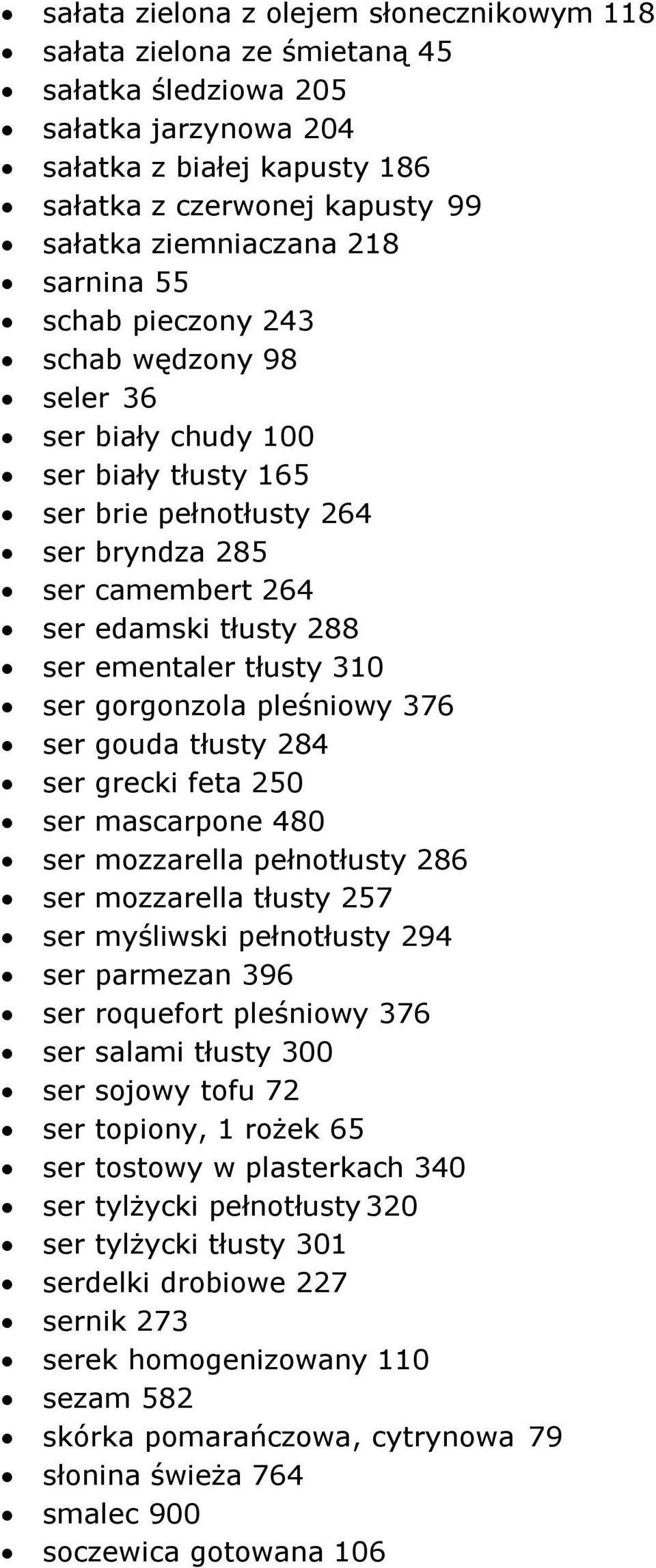 tłusty 310 ser gorgonzola pleśniowy 376 ser gouda tłusty 284 ser grecki feta 250 ser mascarpone 480 ser mozzarella pełnotłusty 286 ser mozzarella tłusty 257 ser myśliwski pełnotłusty 294 ser parmezan