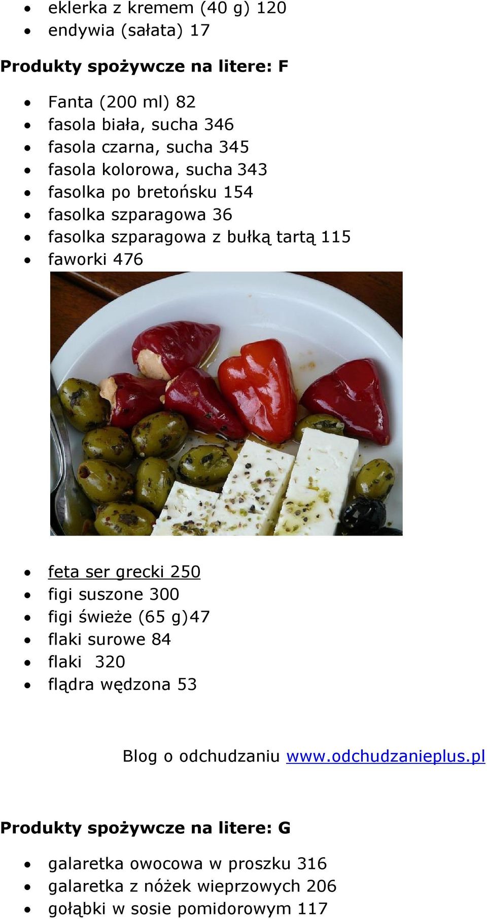 tartą 115 faworki 476 feta ser grecki 250 figi suszone 300 figi świeże (65 g) 47 flaki surowe 84 flaki 320 flądra wędzona 53