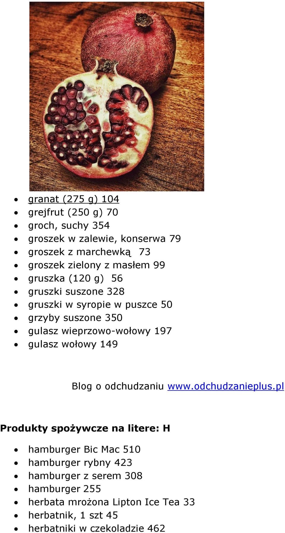 gulasz wieprzowo-wołowy 197 gulasz wołowy 149 Produkty spożywcze na litere: H hamburger Bic Mac 510 hamburger rybny