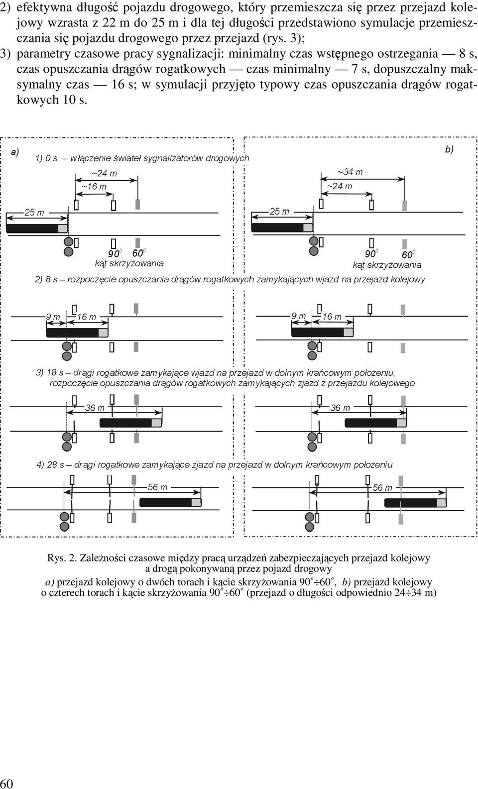 3); 3) parametry czasowe pracy sygnalizacji: minimalny czas wstępnego ostrzegania 8 s, czas opuszczania drągów rogatkowych czas minimalny 7 s, dopuszczalny maksymalny czas 16 s; w symulacji