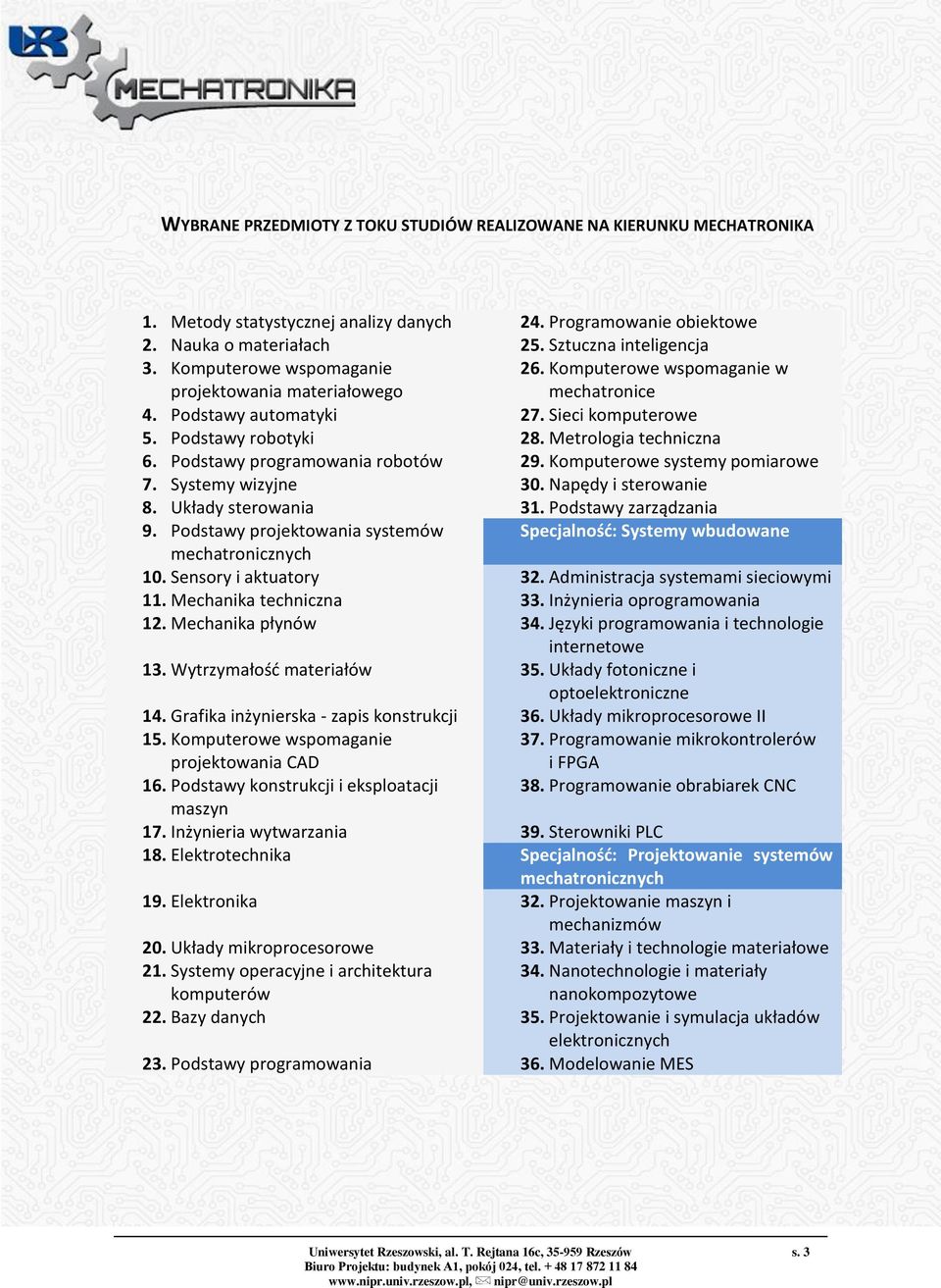 Podstawy programowania robotów 29. Komputerowe systemy pomiarowe 7. Systemy wizyjne 30. Napędy i sterowanie 8. Układy sterowania 31. Podstawy zarządzania 9.