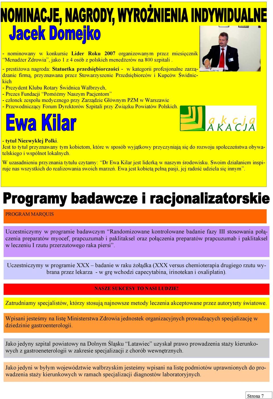 Świdnica Wałbrzych, - Prezes Fundacji Pomóżmy Naszym Pacjentom - członek zespołu medycznego przy Zarządzie Głównym PZM w Warszawie - Przewodniczący Forum Dyrektorów Szpitali przy Związku Powiatów