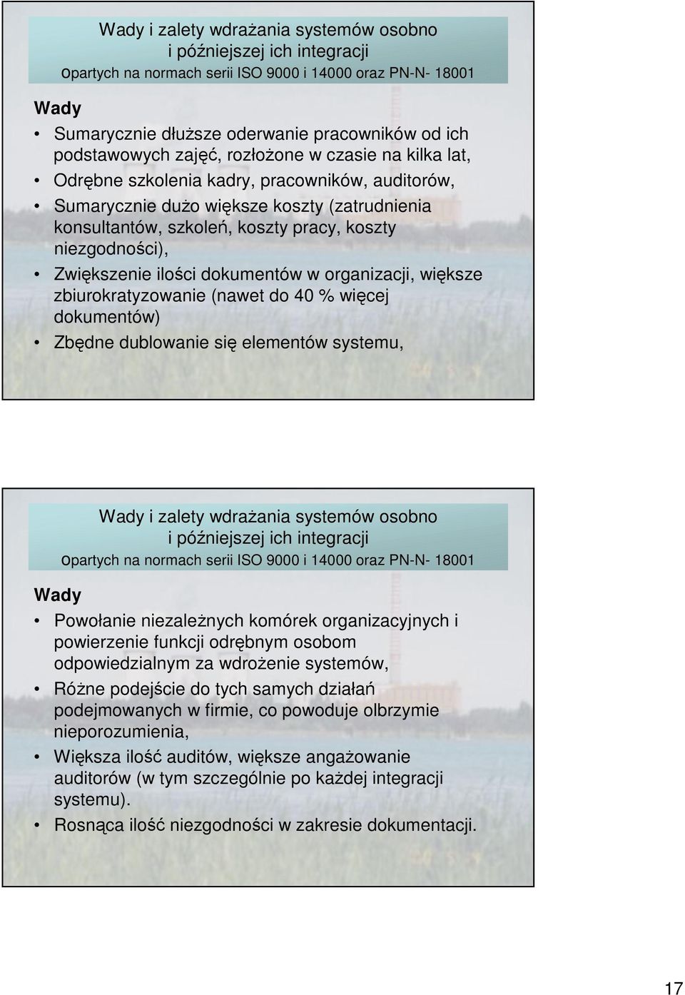 w organizacji, wiksze zbiurokratyzowanie (nawet do 4 % wicej dokumentów Zbdne dublowanie si elementów systemu, Wady i zalety wdraania systemów osobno i póniejszej ich integracji opartych na normach