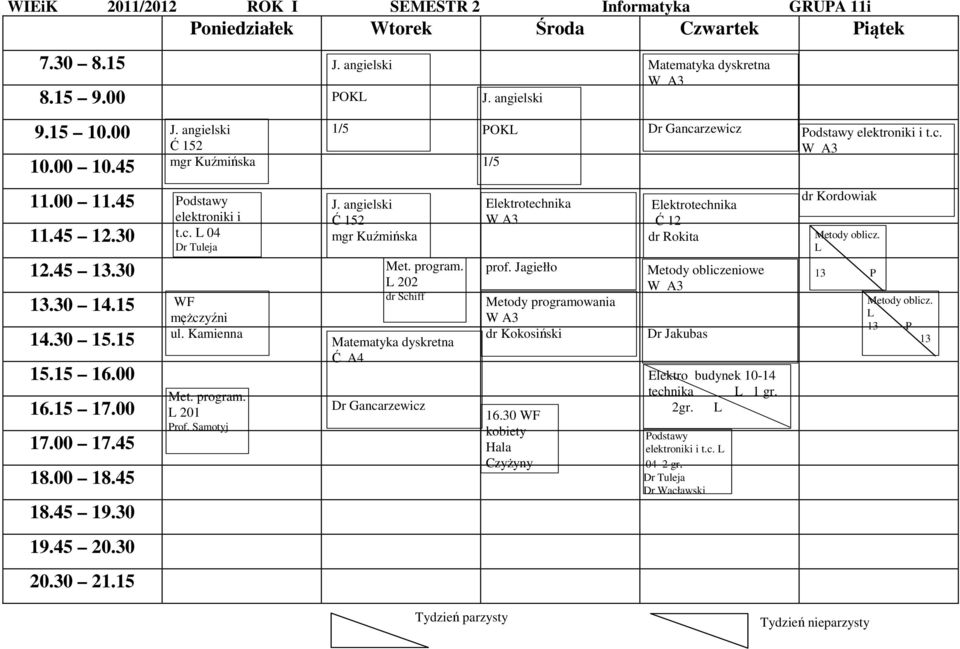 program. dr Schiff Ć A4 prof. Jagiełło Metody programowania dr Kokosiński 16.