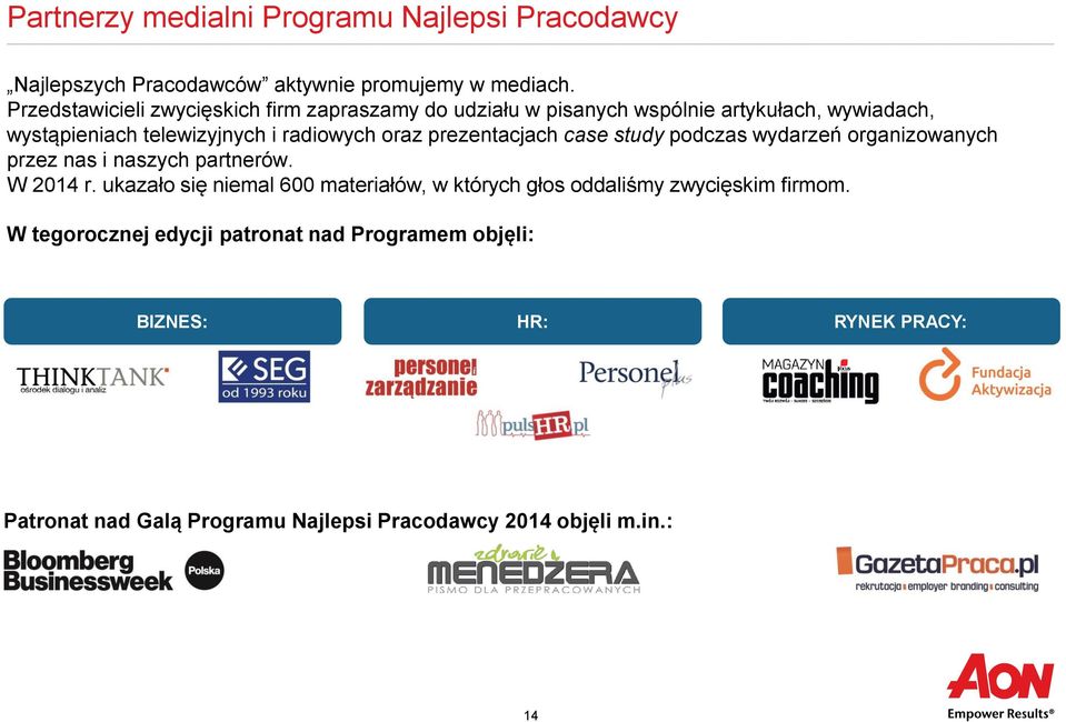 oraz prezentacjach case study podczas wydarzeń organizowanych przez nas i naszych partnerów. W 2014 r.