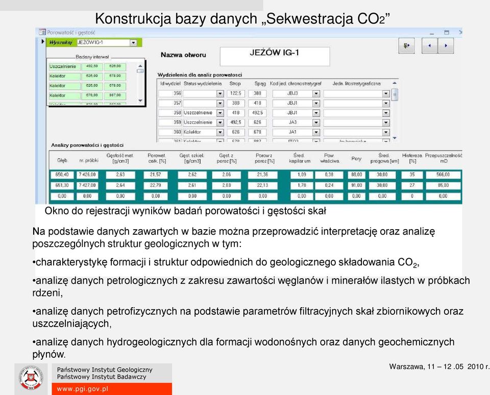 składowania CO 2, analizę danych petrologicznych z zakresu zawartości węglanów i minerałów ilastych w próbkach rdzeni, analizę danych petrofizycznych na