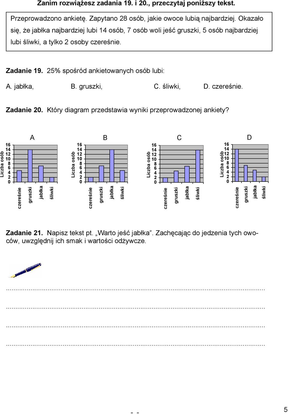 gruszki, C. śliwki, D. czereśnie. Zadanie 0. Który diagram przedstawia wyniki przeprowadzonej ankiety?