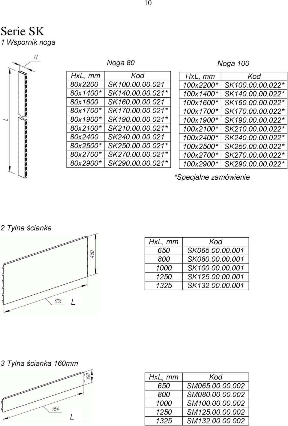 00.00.022* 100x2100* SK210.00.00.022* 100x2400* SK240.00.00.022* 100x2500* SK250.00.00.022* 100x2700* SK270.00.00.022* 100x2900* SK290.00.00.022* *Specjalne zamówienie 2 Tylna ścianka Hx 650 SK065.00.00.001 800 SK080.