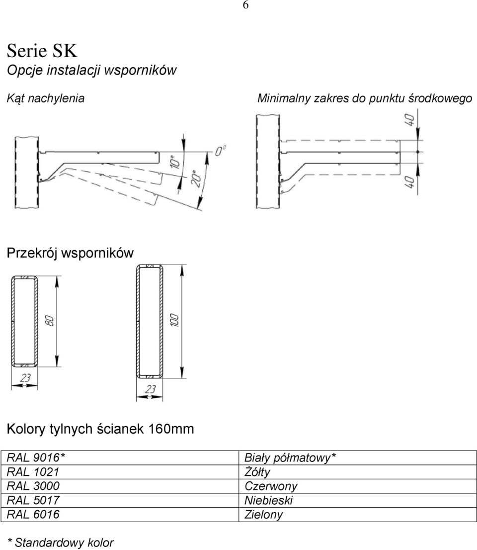 ścianek 160mm RAL 9016* RAL 1021 RAL 3000 RAL 5017 RAL 6016