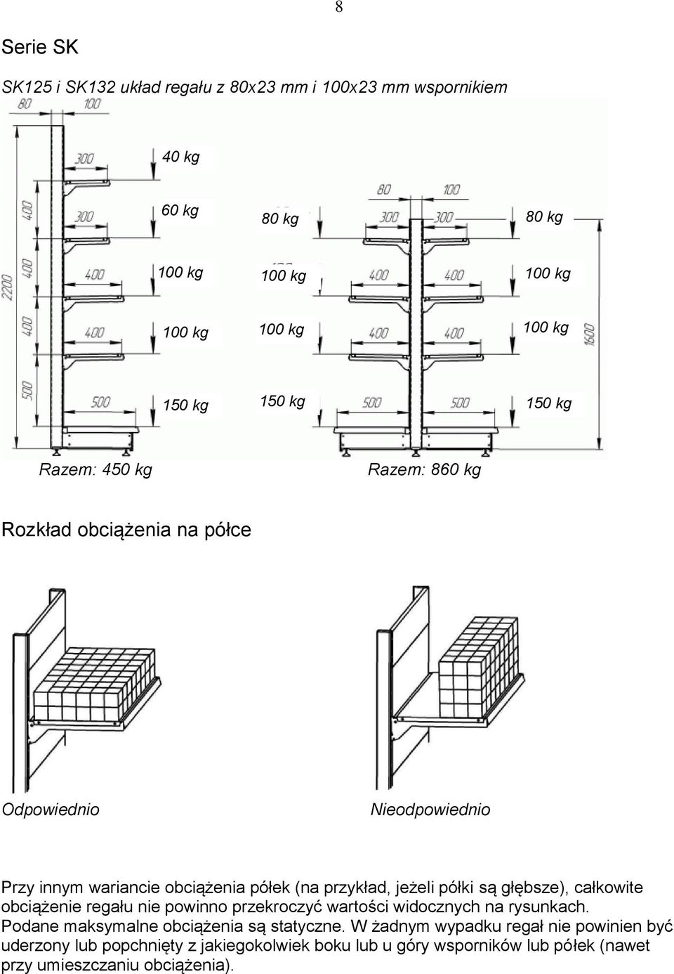 półki są głębsze), całkowite obciążenie regału nie powinno przekroczyć wartości widocznych na rysunkach. Podane maksymalne obciążenia są statyczne.