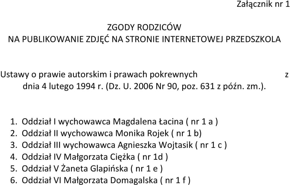 Oddział I wychowawca Magdalena Łacina ( nr 1 a ) 2. Oddział II wychowawca Monika Rojek ( nr 1 b) 3.