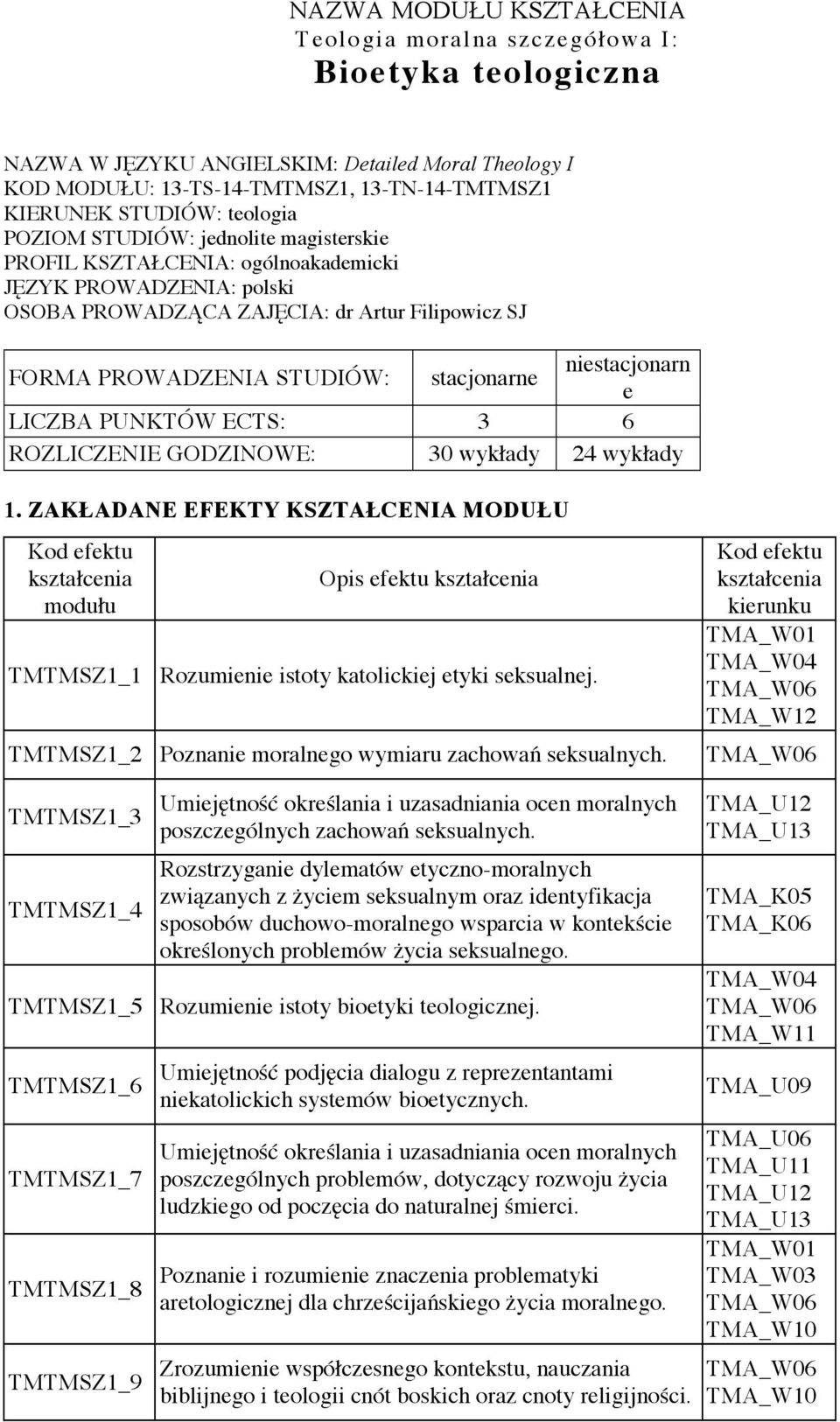 STUDIÓW: stacjonarne e LICZBA PUNKTÓW ECTS: 6 ROZLICZENIE GODZINOWE: 0 wykłady wykłady 1.