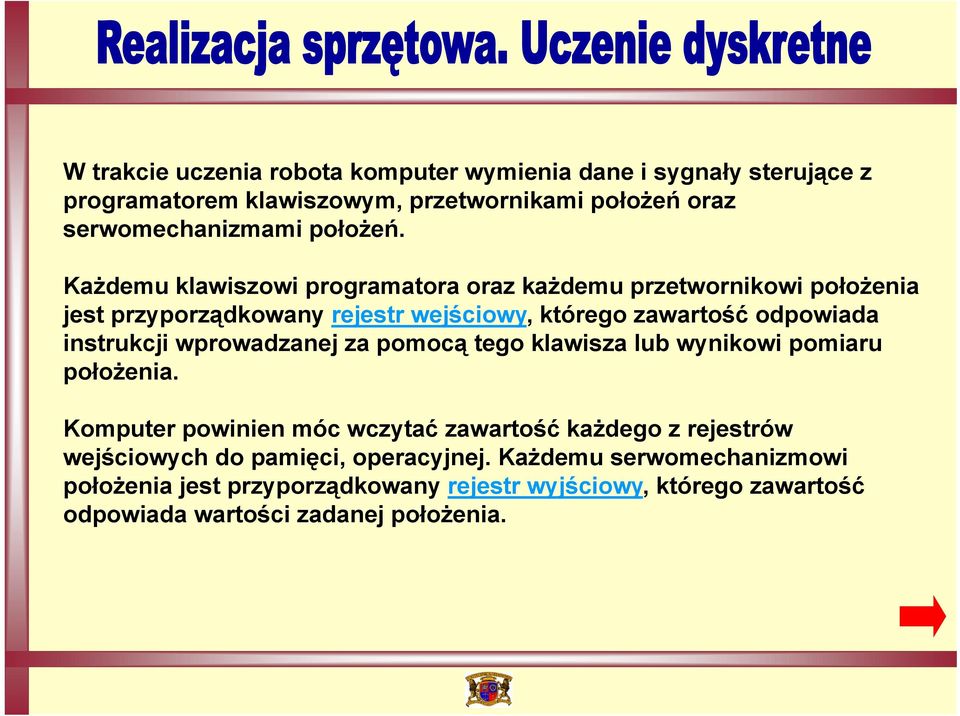 Każdemu klawiszowi programatora oraz każdemu przetwornikowi położenia jest przyporządkowany rejestr wejściowy, którego zawartość odpowiada instrukcji