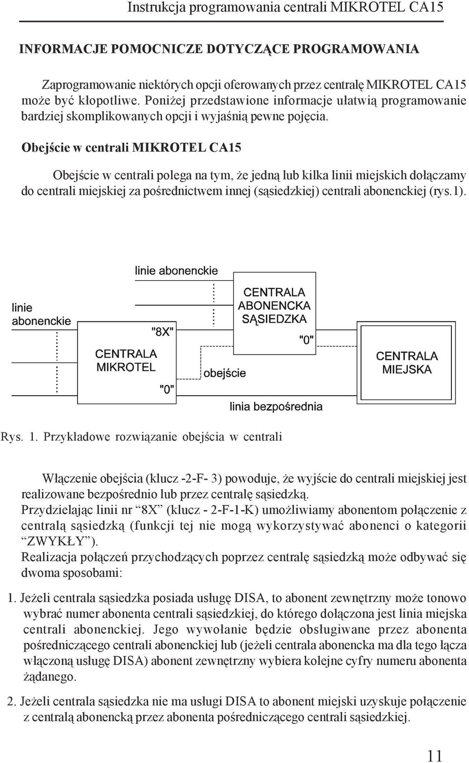 Obejście w centrali MIKROTEL CA15 Obejście w centrali polega na tym, że jedną lub kilka linii miejskich dołączamy do centrali miejskiej za pośrednictwem innej (sąsiedzkiej) centrali abonenckiej (rys.