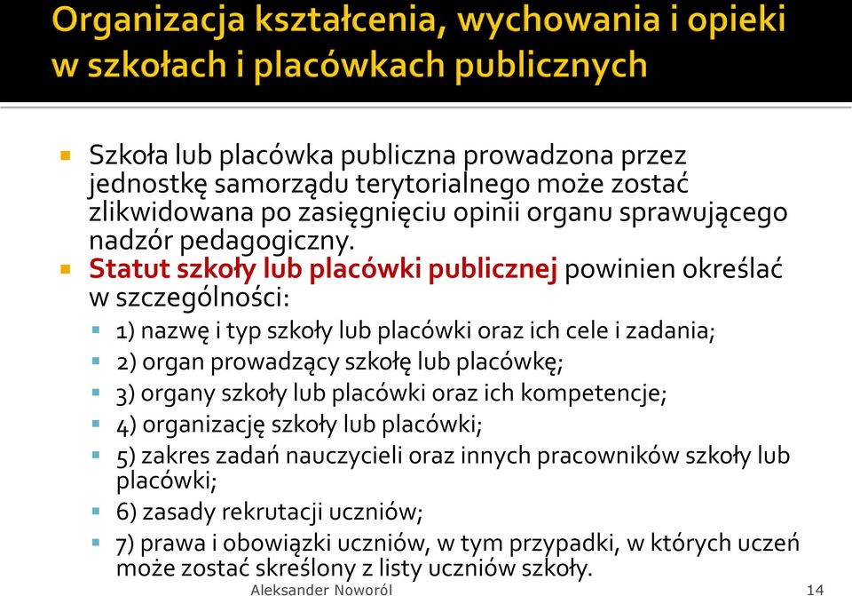 Statut szkoły lub placówki publicznej powinien określać w szczególności: 1) nazwę i typ szkoły lub placówki oraz ich cele i zadania; 2) organ prowadzący szkołę lub