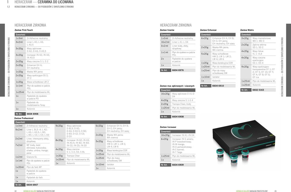 2 x 20 g Masy sieczne S 1; S 2 2 x 20 g Enhancer EH A; EH neutralny 1 x 20 g Maska MA jasna 2 x 20 g Masy opalizujące OS 2; OT 2 1 x 20 g Masa schodkowa LM 2 1 x 1 ml Płyn do opakera w paście POL 1 x