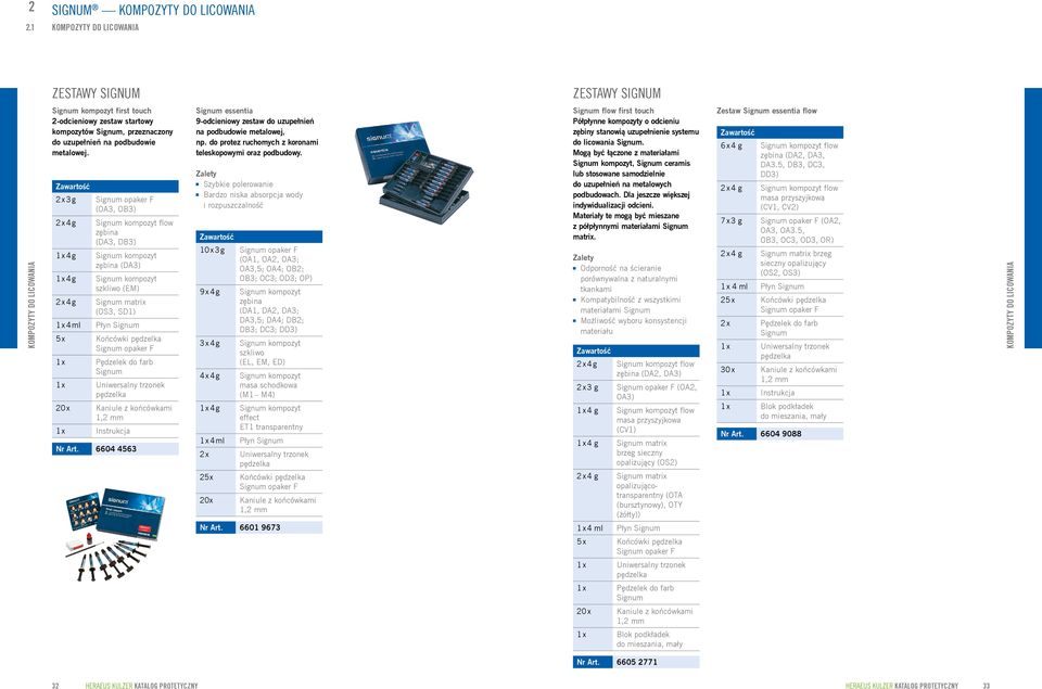 2 x 3 g Signum opaker F (OA3, OB3) 2 x 4 g Signum kompozyt flow zębina (DA3, DB3) 1 x 4 g Signum kompozyt zębina (DA3) 1 x 4 g Signum kompozyt szkliwo (EM) 2 x 4 g Signum matrix (OS3, SD1) 1 x 4 ml