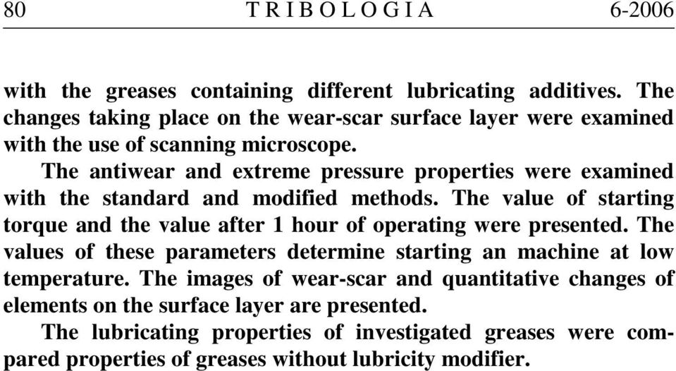 The antiwear and extreme pressure properties were examined with the standard and modified methods.