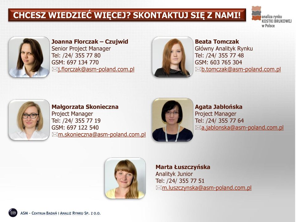 skonieczna@asm-poland.com.pl Agata Jabłońska Project Manager Tel: /24/ 355 77 64 a.jablonska@asm-poland.com.pl Marta Łuszczyńska Analityk Junior Tel: /24/ 355 77 51 m.