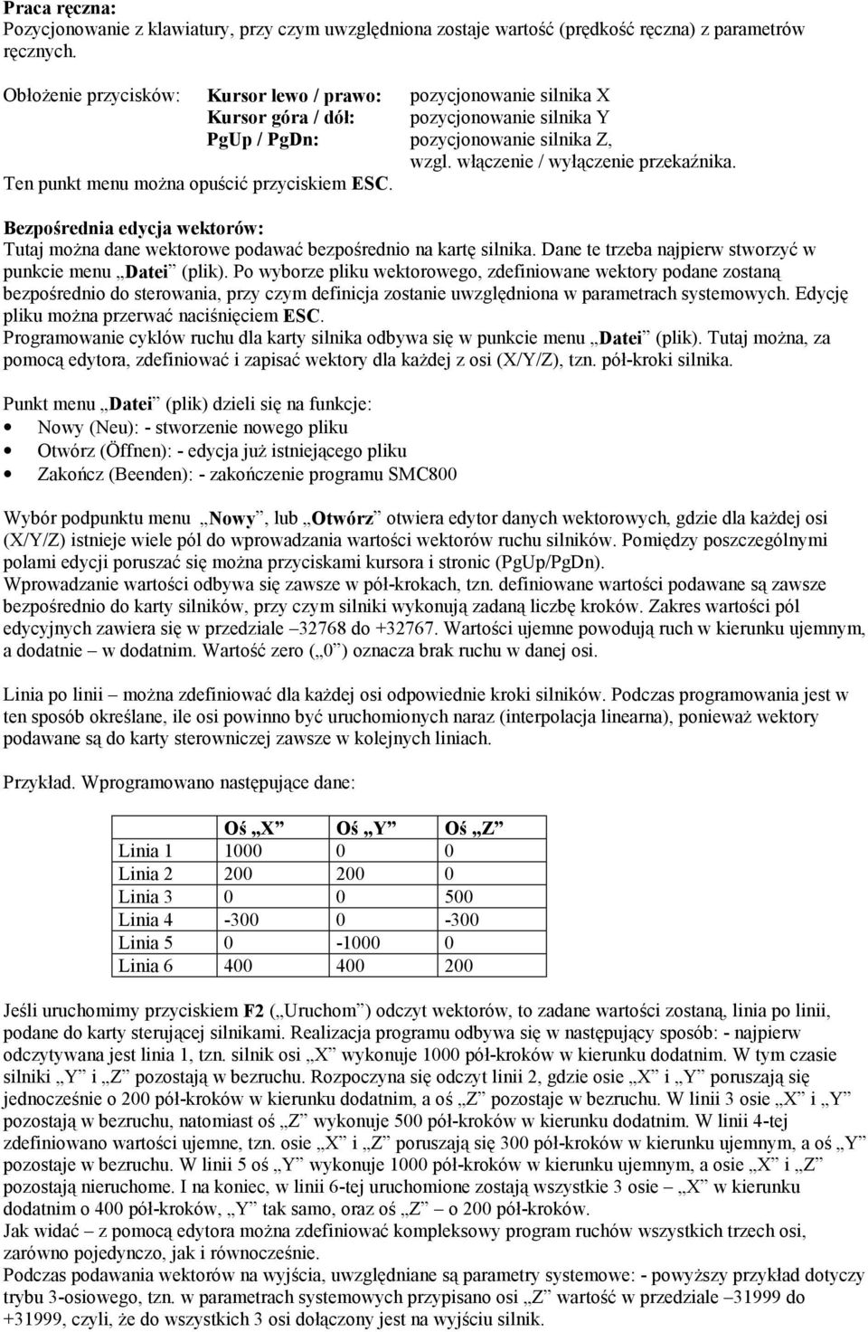 Ten punkt menu można opuścić przyciskiem ESC. Bezpośrednia edycja wektorów: Tutaj można dane wektorowe podawać bezpośrednio na kartę silnika.