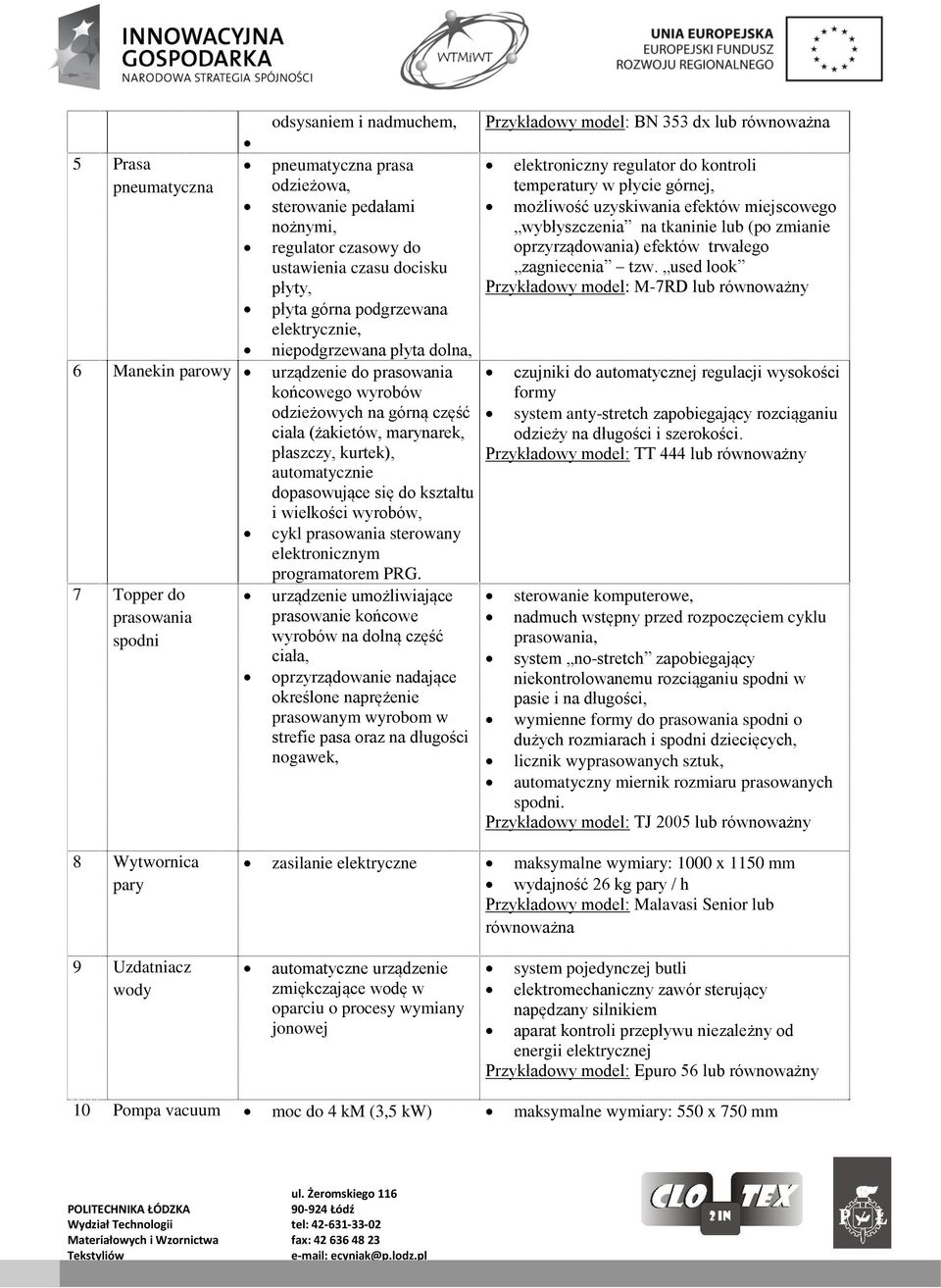 kształtu i wielkości wyrobów, cykl prasowania sterowany elektronicznym 7 Topper do prasowania spodni programatorem PRG.