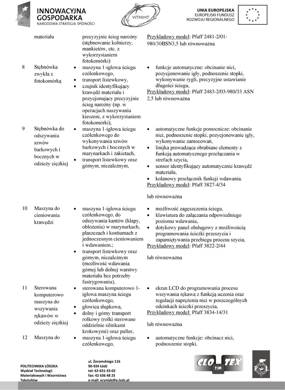 w operacjach naszywania kieszeni, z wykorzystaniem fotokomórki), czółenkowego do wykonywania szwów barkowych i bocznych w marynarkach i żakietach, transport listewkowy oraz górnym, niezależnym,