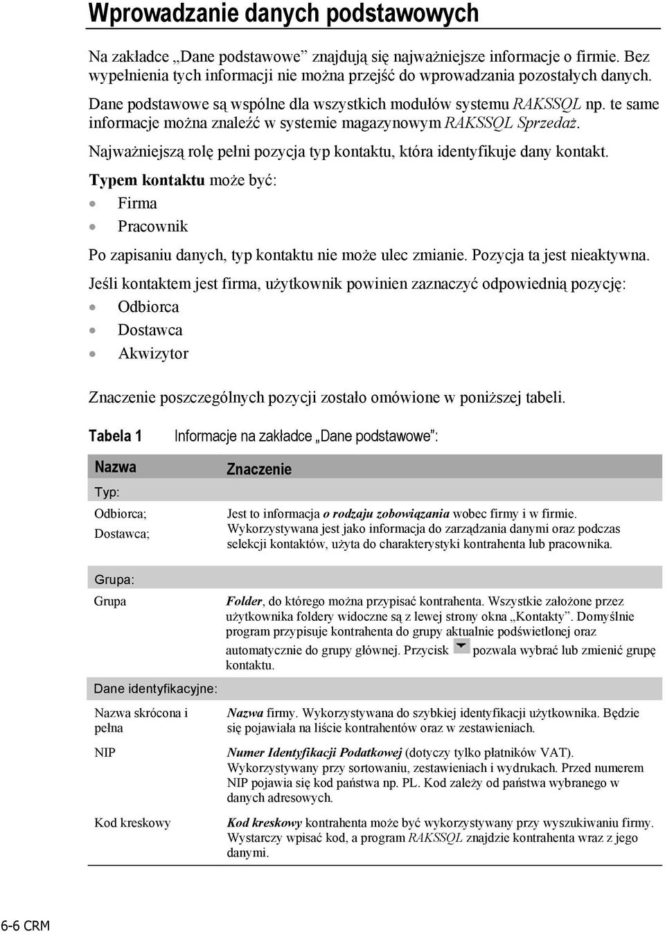 Najważniejszą rolę pełni pozycja typ kontaktu, która identyfikuje dany kontakt. Typem kontaktu może być: Firma Pracownik Po zapisaniu danych, typ kontaktu nie może ulec zmianie.