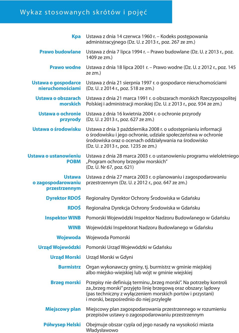 ) Ustawa o gospodarce nieruchomościami Ustawa o obszarach morskich Ustawa o ochronie przyrody Ustawa o środowisku Ustawa o ustanowieniu POBM Ustawa o zagospodarowaniu przestrzennym Dyrektor RDOŚ RDOŚ