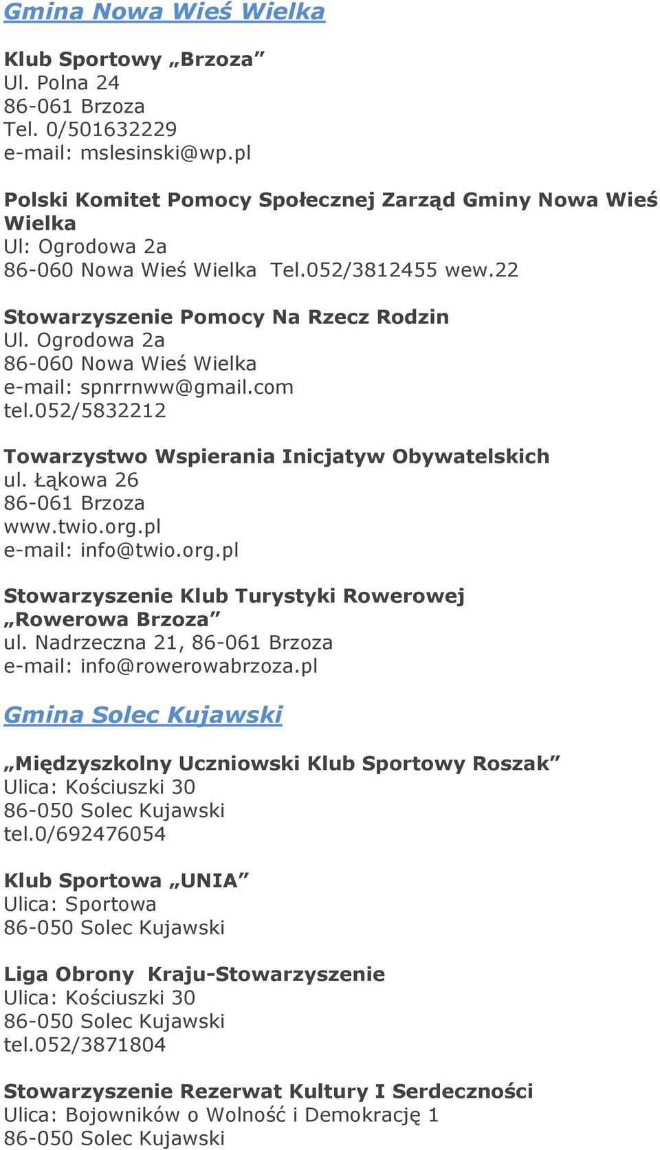 Ogrodowa 2a 86-060 Nowa Wieś Wielka e-mail: spnrrnww@gmail.com tel.052/5832212 Towarzystwo Wspierania Inicjatyw Obywatelskich ul. Łąkowa 26 86-061 Brzoza www.twio.org.