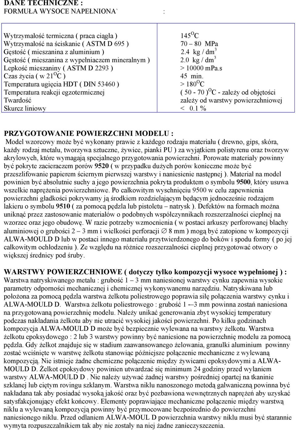 0 / dm 3 > 10000 mpa.s 45 min. > 180 O C ( 50-70 ) O C - zależy od objętości zależy od warstwy powierzchniowej < 0.