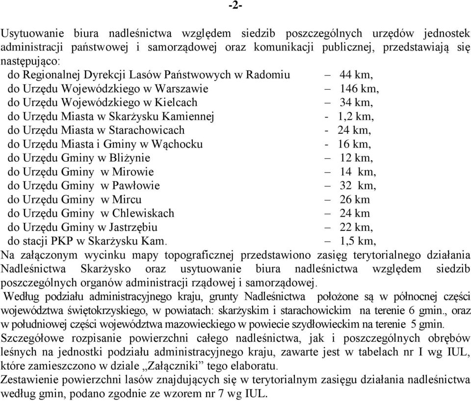 Starachowicach - 24 km, do Urzędu Miasta i Gminy w Wąchocku - 16 km, do Urzędu Gminy w Bliżynie 12 km, do Urzędu Gminy w Mirowie 14 km, do Urzędu Gminy w Pawłowie 32 km, do Urzędu Gminy w Mircu 26 km