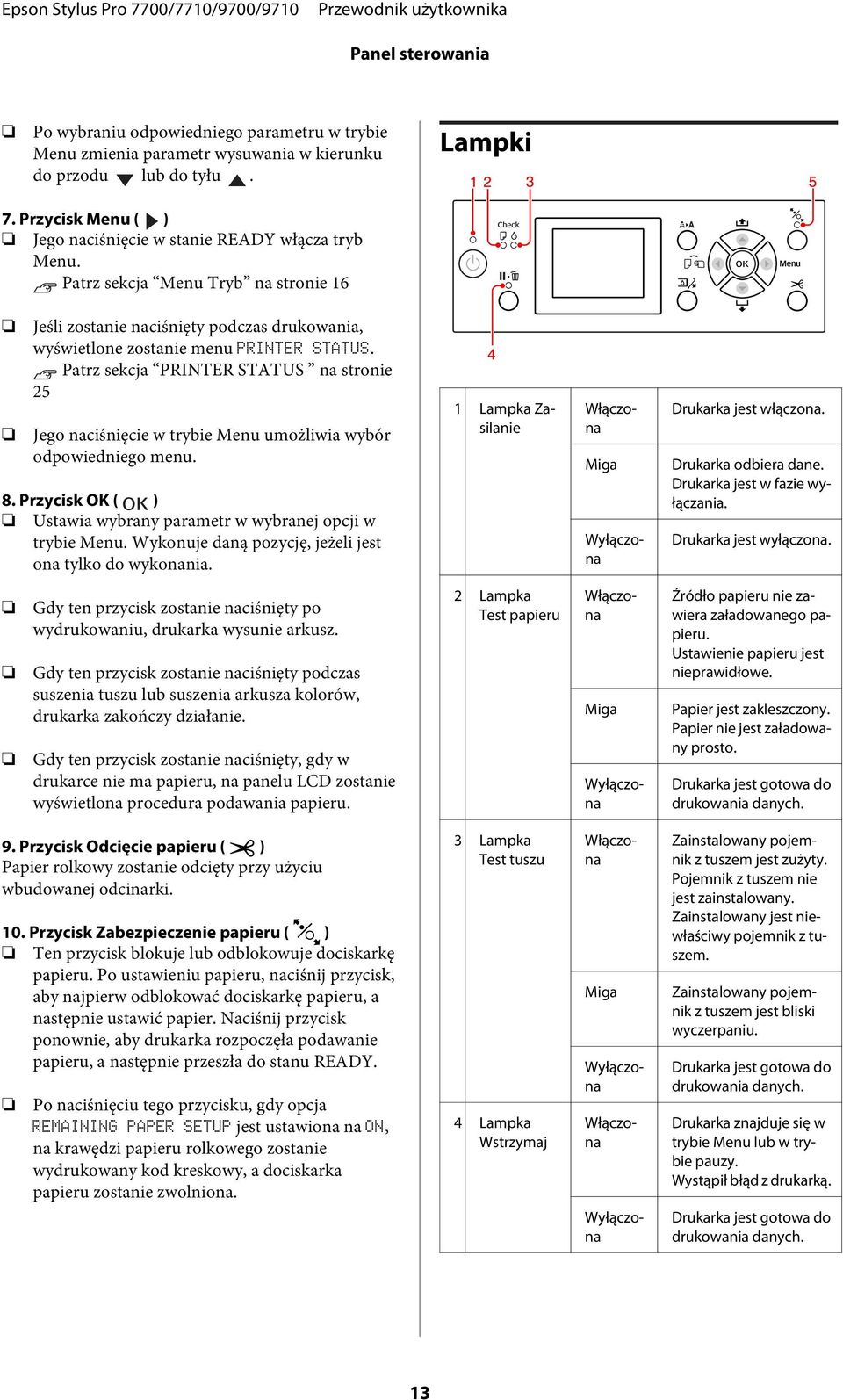 Patrz sekcja PRINTER STATUS na stronie 25 Jego naciśnięcie w trybie Menu umożliwia wybór odpowiedniego menu. 8. Przycisk OK ( ) Ustawia wybrany parametr w wybranej opcji w trybie Menu.