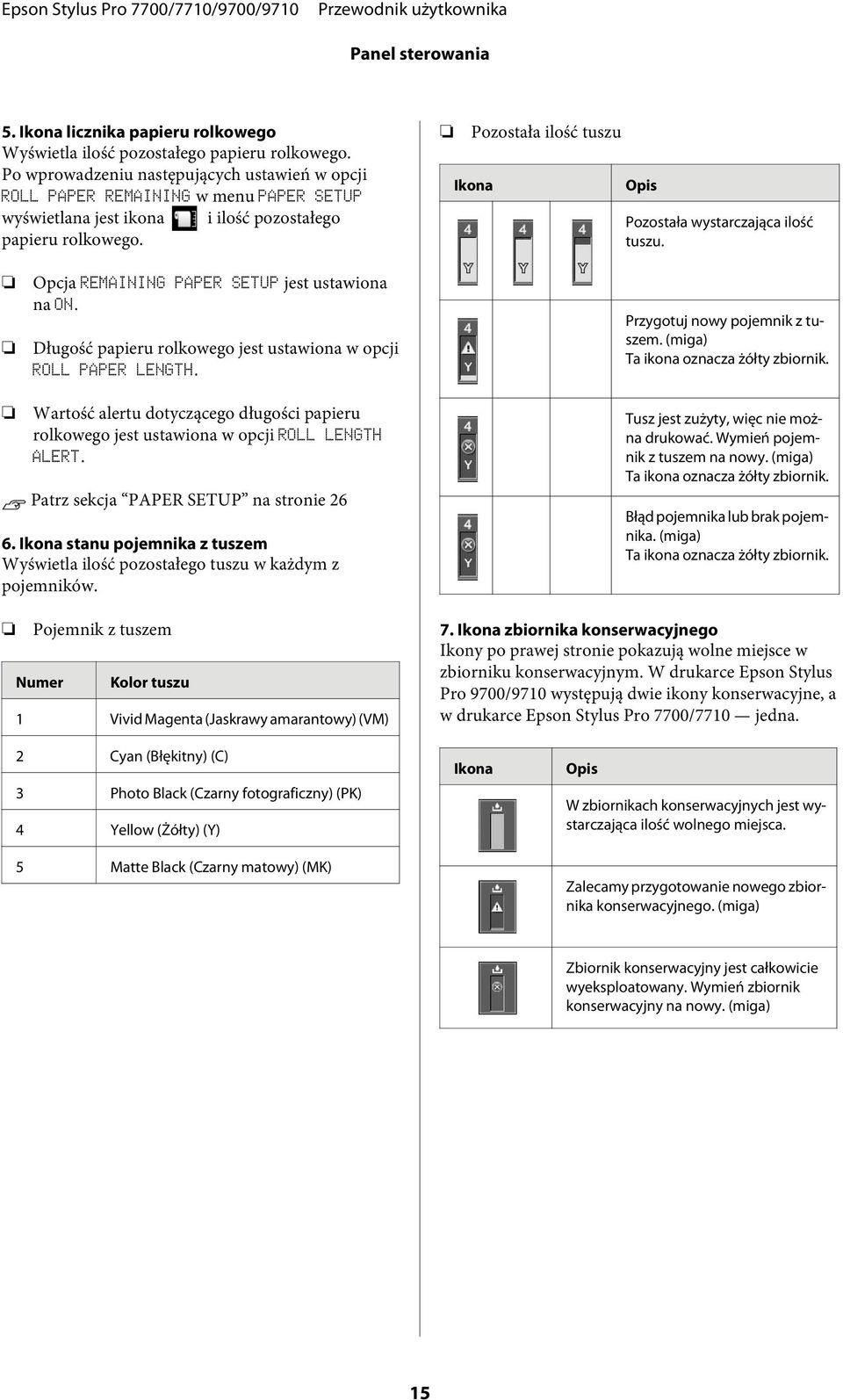 Pozostała ilość tuszu Ikona Opis Pozostała wystarczająca ilość tuszu. Opcja REMAINING PAPER SETUP jest ustawiona na ON. Długość papieru rolkowego jest ustawiona w opcji ROLL PAPER LENGTH.