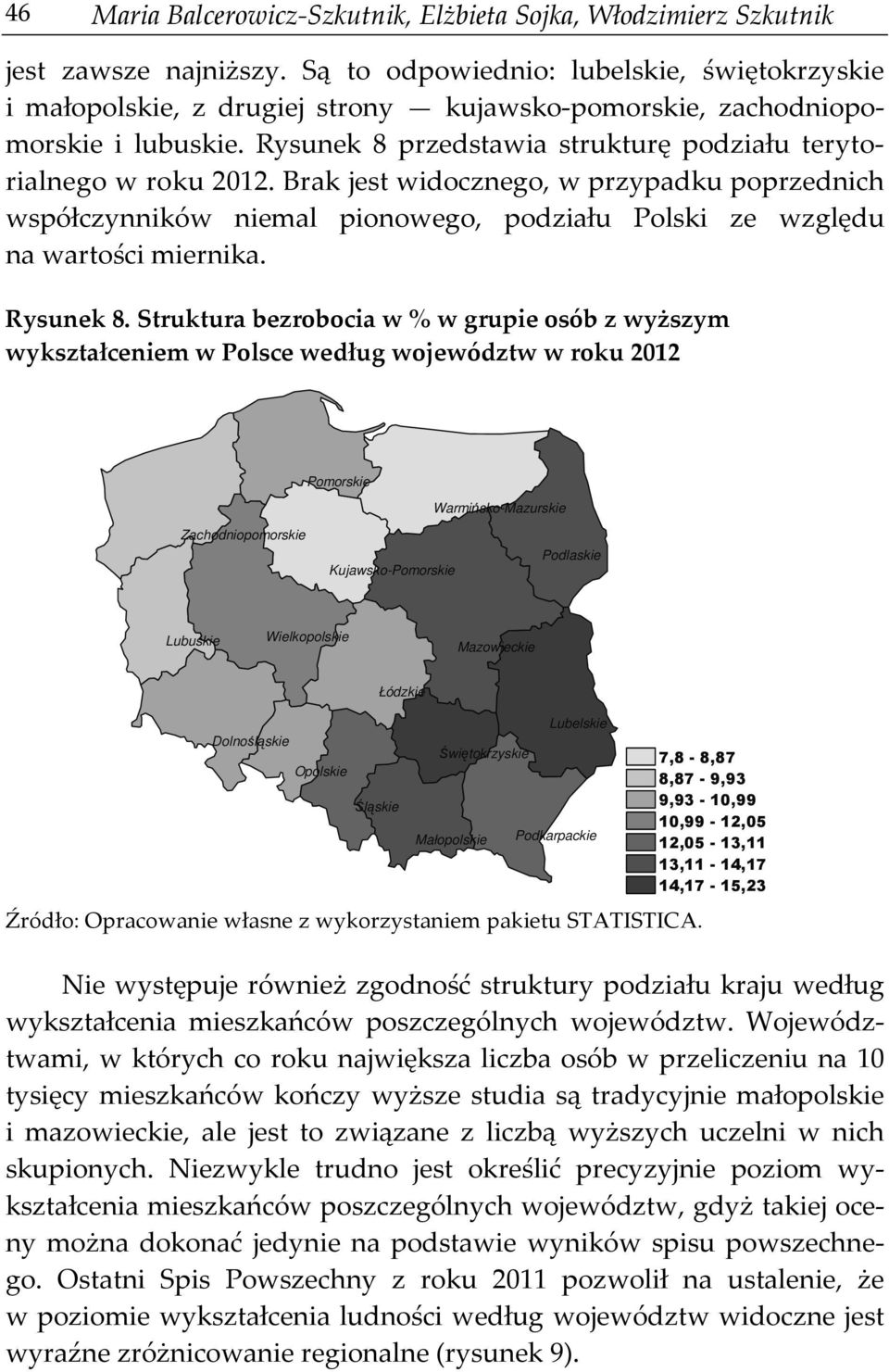 Brak jest widocznego, w przypadku poprzednich współczynników niemal pionowego, podziału Polski ze względu na wartości miernika. Rysunek 8.