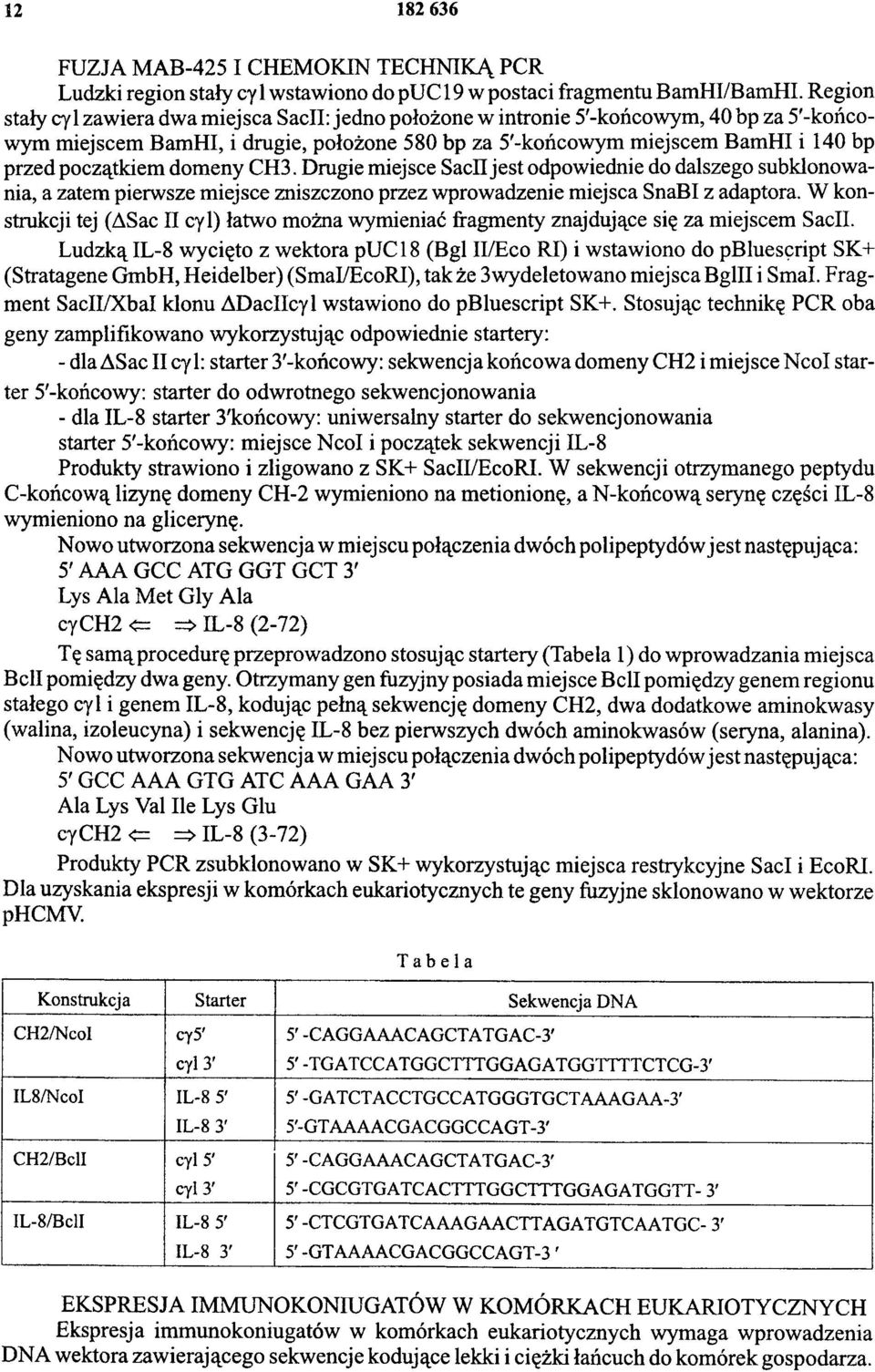 początkiem domeny CH3. Drugie miejsce SacII jest odpowiednie do dalszego subklonowa nia, a zatem pierwsze miejsce zniszczono przez wprowadzenie miejsca SnaBI z adaptora.