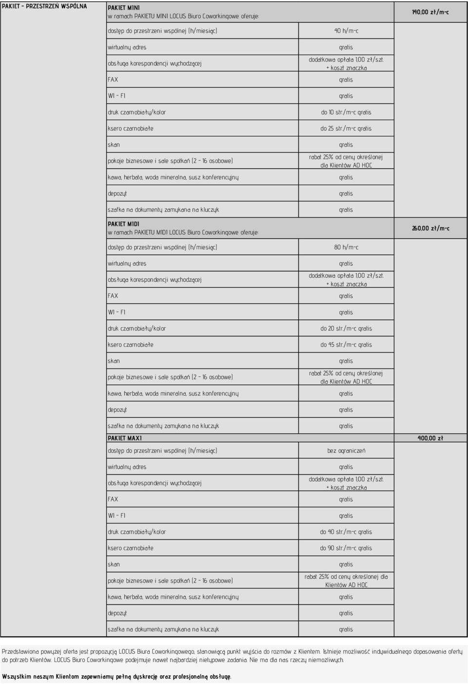 zamykana na kluczyk 40 h/m-c dodatkowa opłata 1,00 zł/szt. + koszt znaczka do 10 str./m-c do 25 str.