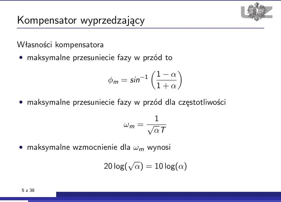 maksymalne przesuniecie fazy w przód dla częstotliwości ω m =