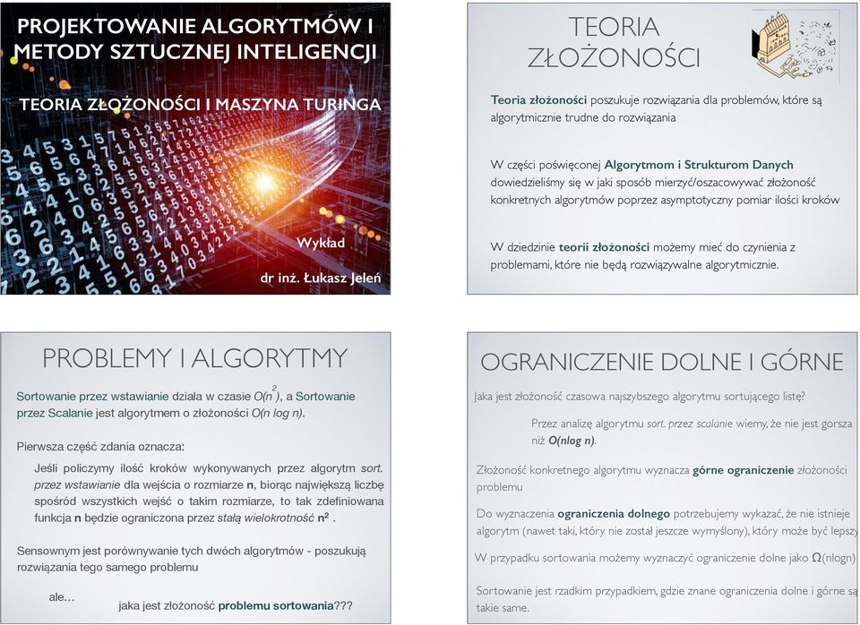 dr inż. Łukasz Jeleń W dziedzinie teorii złożoności możemy mieć do czynienia z problemami, które nie będą rozwiązywalne algorytmicznie.