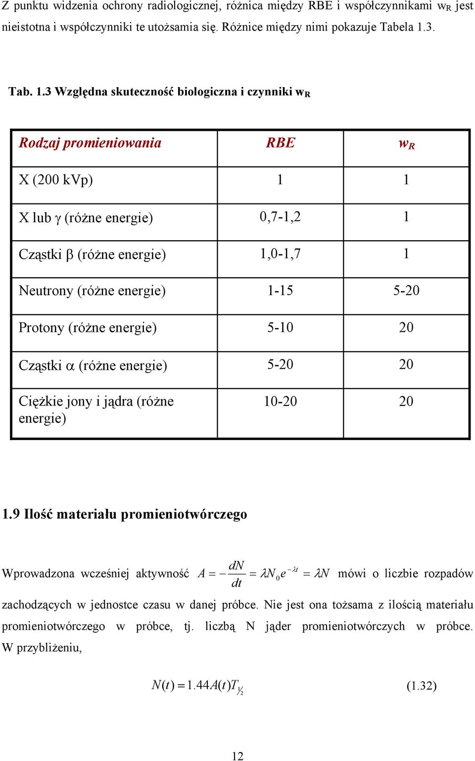 .3 Względna skuteczność biologiczna i czynniki w R Rodzaj promieniowania X (00 kvp) X lub γ (różne energie) Cząstki β (różne energie) Neutrony (różne energie) Protony (różne energie) Cząstki α