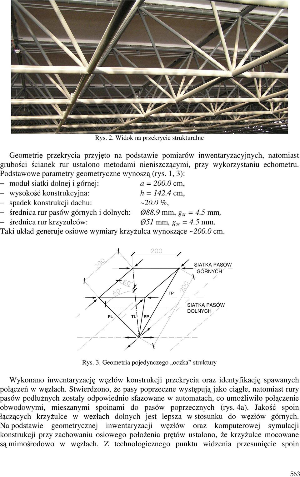 Podstawowe parametry geometryczne wynoszą (rys. 1, 3): moduł siatki dolnej i górnej: a = 200.0 cm, wysokość konstrukcyjna: h = 142.4 cm, spadek konstrukcji dachu: ~20.