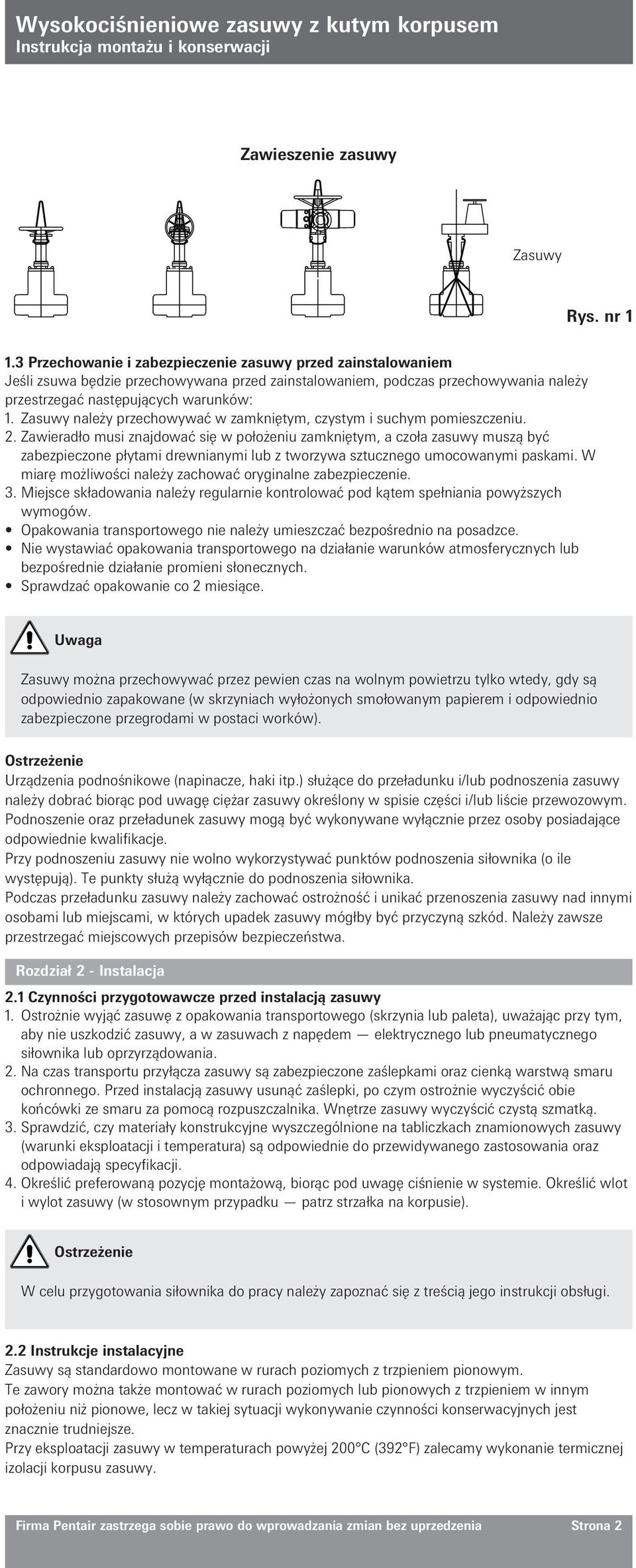 Zasuwy należy przechowywać w zamkniętym, czystym i suchym pomieszczeniu. 2.