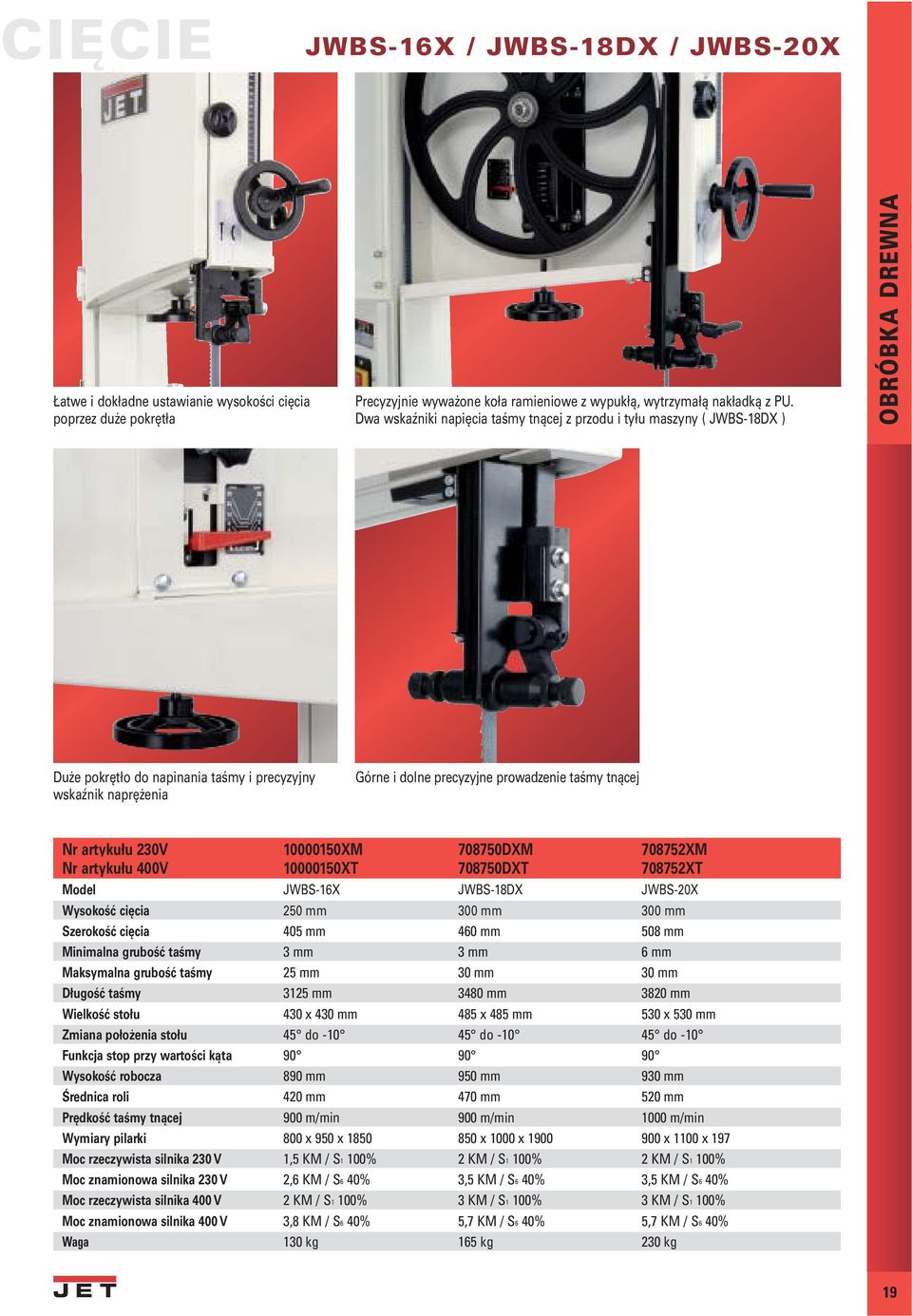 artykułu 230V 10000150XM 708750DXM 708752XM Nr artykułu 400V 10000150XT 708750DXT 708752XT JWBS-16X JWBS-18DX JWBS-20X Wysokość cięcia 250 mm 300 mm 300 mm Szerokość cięcia 405 mm 460 mm 508 mm