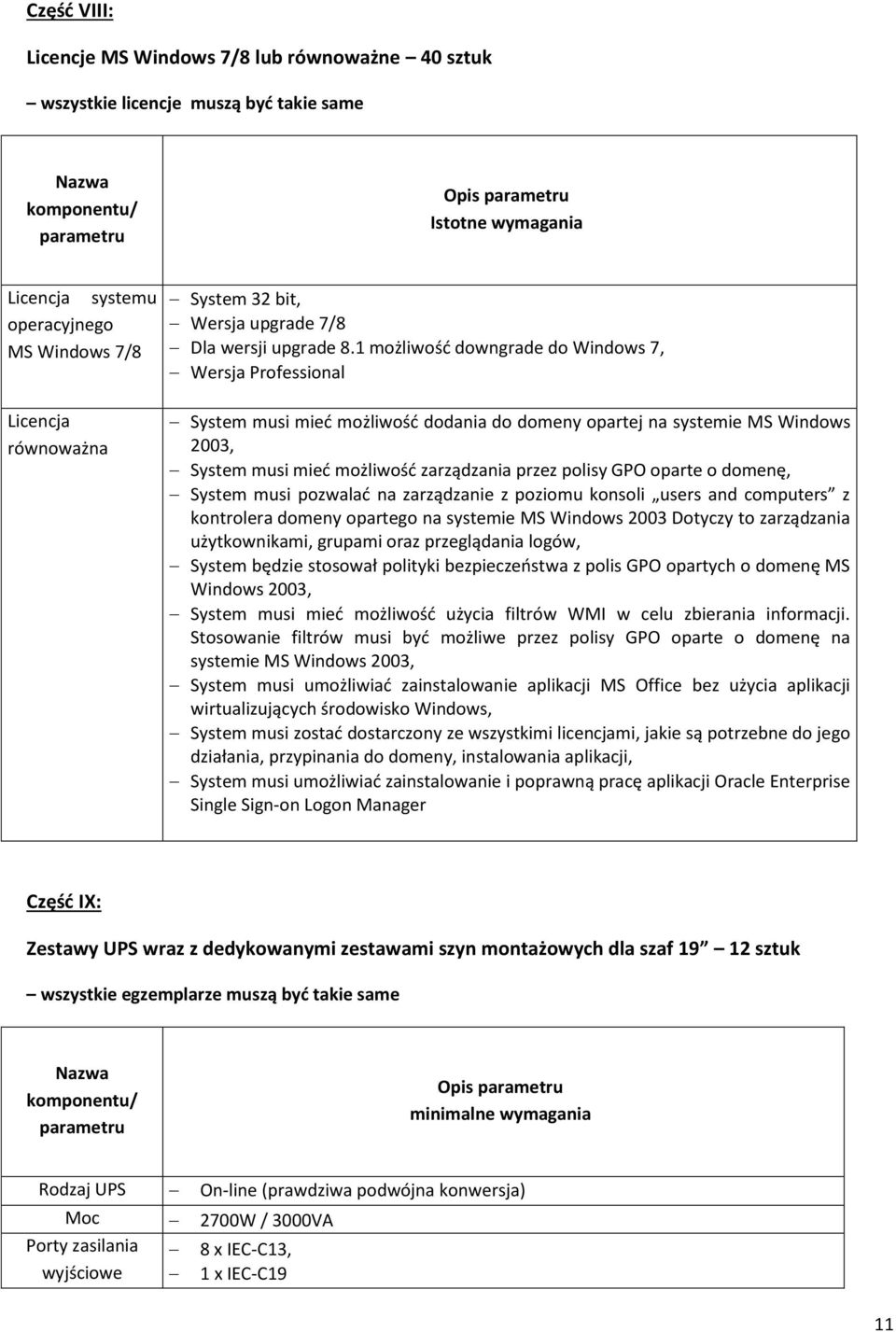 1 możliwość downgrade do Windows 7, Wersja Professional System musi mieć możliwość dodania do domeny opartej na systemie MS Windows 2003, System musi mieć możliwość zarządzania przez polisy GPO