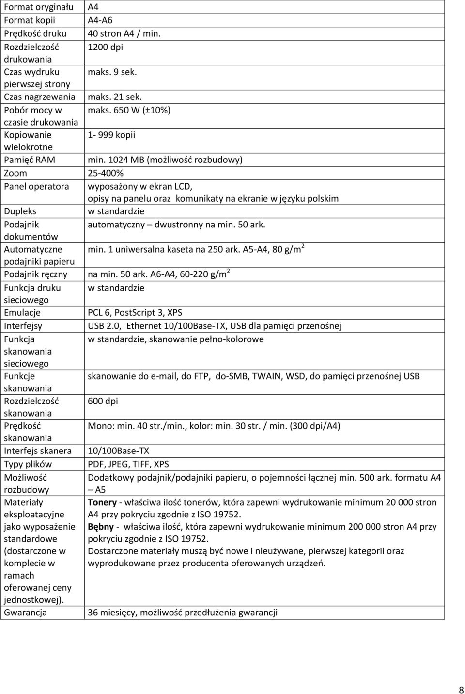 1024 MB (możliwość rozbudowy) Zoom 25-400% Panel operatora wyposażony w ekran LCD, opisy na panelu oraz komunikaty na ekranie w języku polskim Dupleks w standardzie Podajnik automatyczny dwustronny