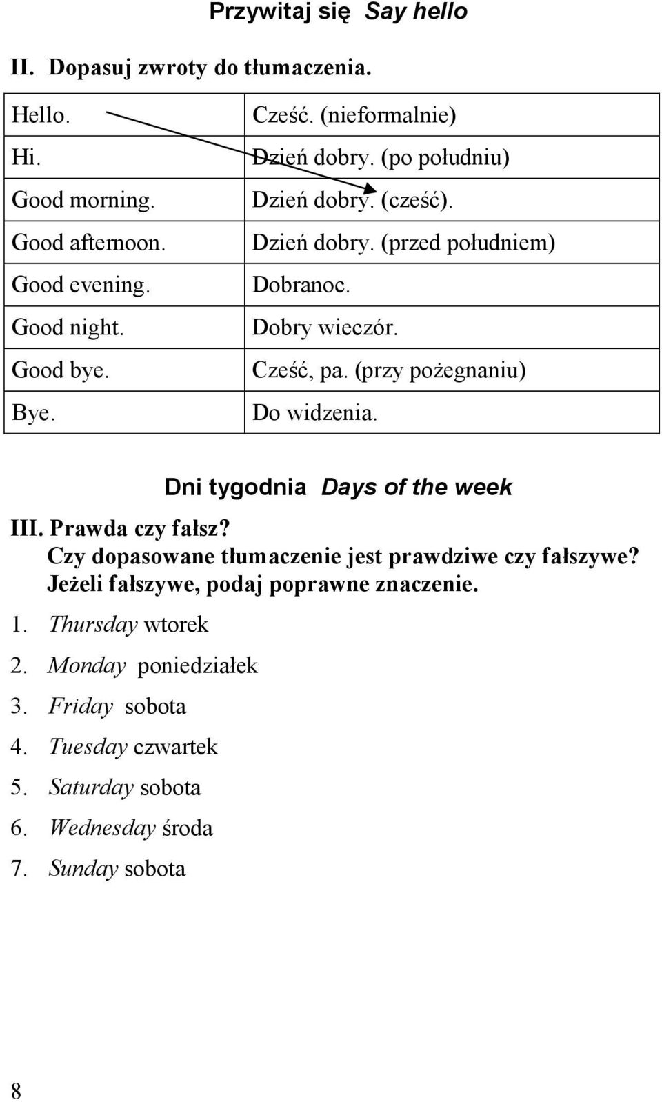 (przy poŝegnaniu) Do widzenia. Dni tygodnia Days of the week III. Prawda czy fałsz? Czy dopasowane tłumaczenie jest prawdziwe czy fałszywe?