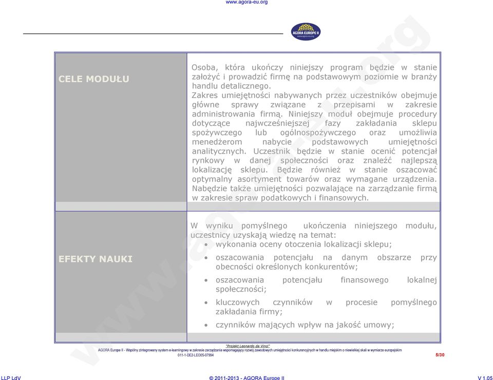 Niniejszy moduł obejmuje procedury dotyczące najwcześniejszej fazy zakładania sklepu spożywczego lub ogólnospożywczego oraz umożliwia menedżerom nabycie podstawowych umiejętności analitycznych.