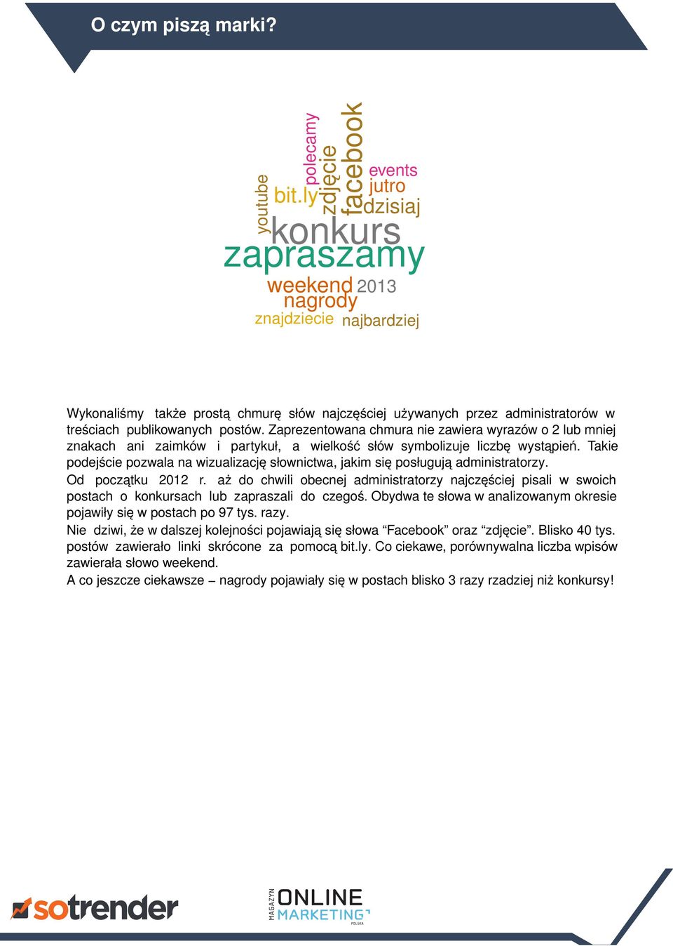 publikowanych postów. Zaprezentowana chmura nie zawiera wyrazów o 2 lub mniej znakach ani zaimków i partykuł, a wielkość słów symbolizuje liczbę wystąpień.