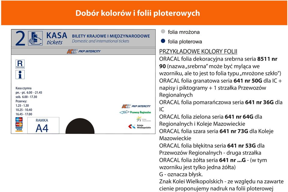 napisy i piktogramy + 1 strzałka Przewozów Regionalnych ORACAL folia pomarańczowa seria 641 nr 36G dla IC ORACAL folia zielona seria 641 nr 64G dla Regionalnych i Koleje Mazowieckie ORACAL folia